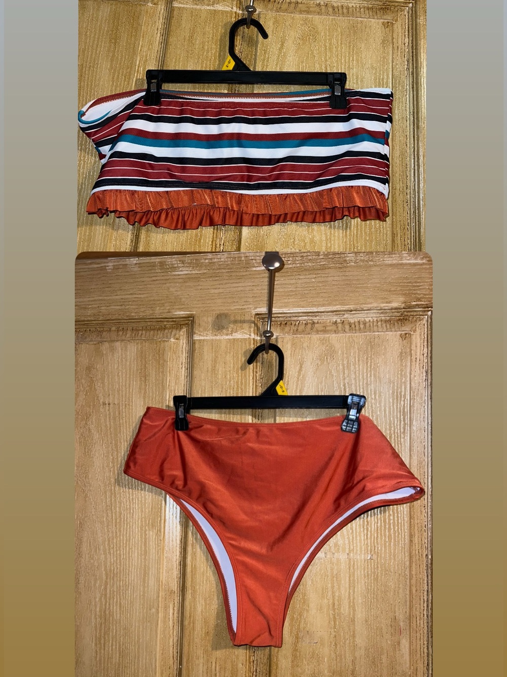 Striped Ruffle Bandeau Top & Rust High-Waist Bikini Bottoms. SHEIN 2X